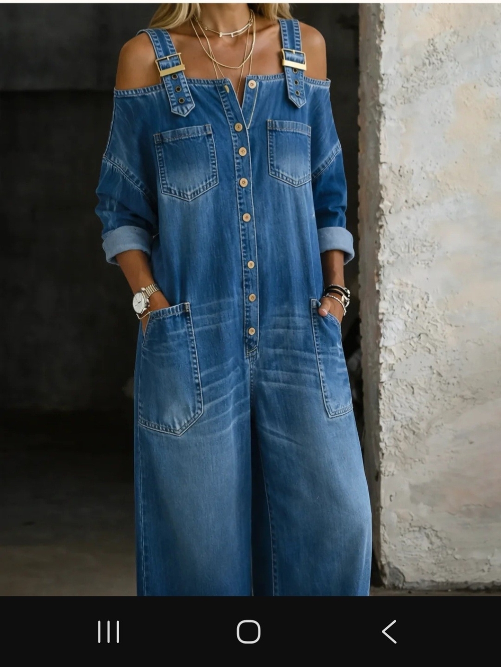 Cold-Shoulder Wide-Leg Denim Jumpsuit - Blue